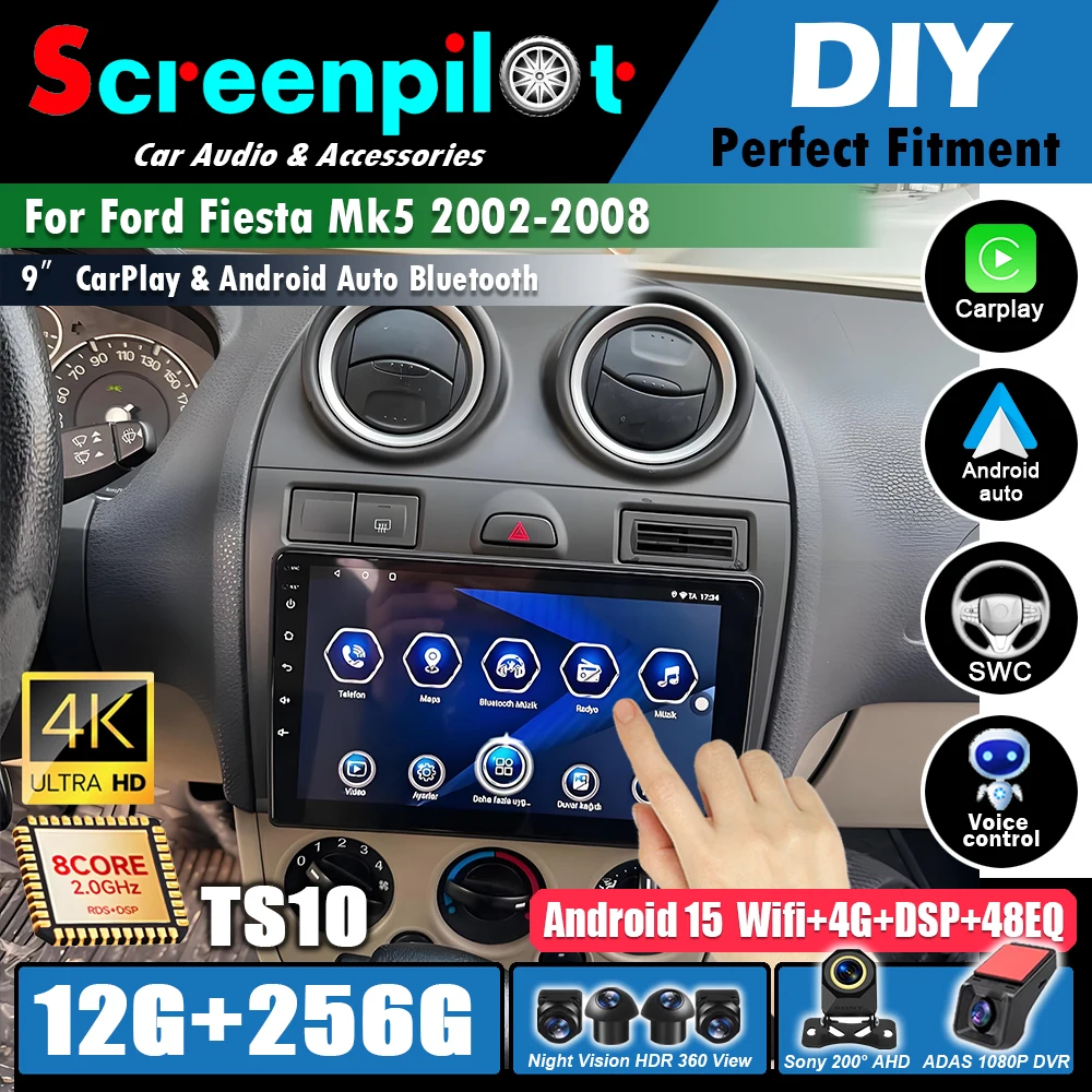 Radio para Auto Android 16 para Ford Fiesta Mk5 2002 2003 2004 2005 - 2008 Reproductor Carplay Auto Bluetooth Multimedia Reproductor de Video Táctil