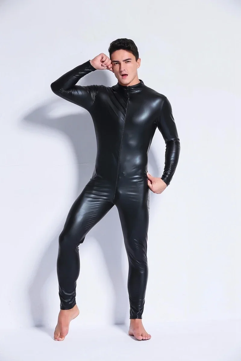 M-3XL Men Wetlook Faux Leather Double Zipper Open Crotch Pvc Bodysuit Gay Hot Lingerie Latex Catsuit Fetish Wear Sexy Costume