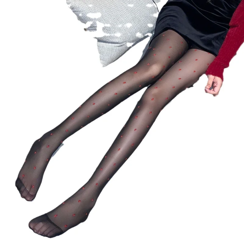 

New Year Stockings Red Heart Red Dots Valentine's Day New Sexy Black Silk Jacquard Pantyhose Spring and Summer Women
