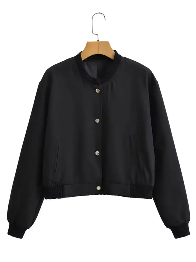 Blouson Bombardier Chic à Col Rond et Simple Boutonnage pour Femme, Poches Rétro, Couleur Unie, Manches sulf, Combinaison Courte et Slim, Streetwear Haut, Automne 2024