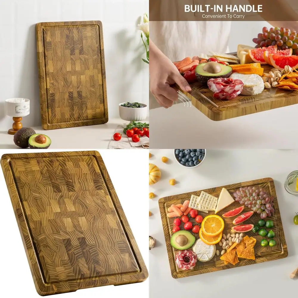 

16.5 End Grain Teak Chopping Board with Juice Groove, Handles & Non-Slip Feet for Kitchen Use