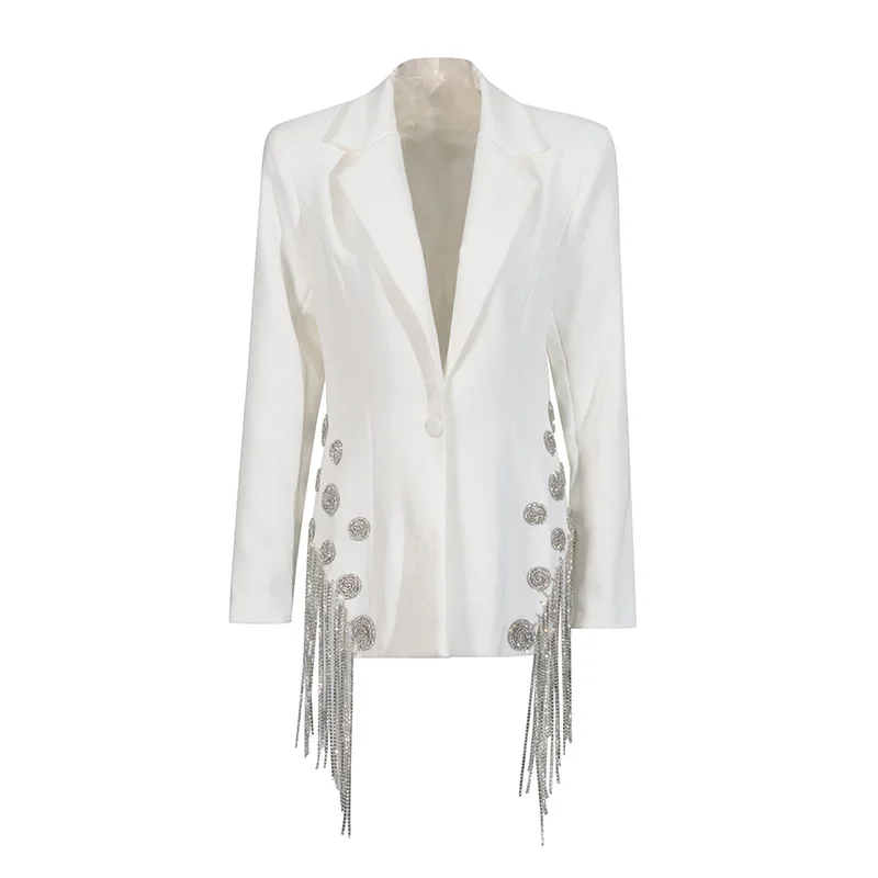 

Temperament commuter style one-button suit women's summer new niche nails drill tassel high-end jacket luxe femme בלייזר