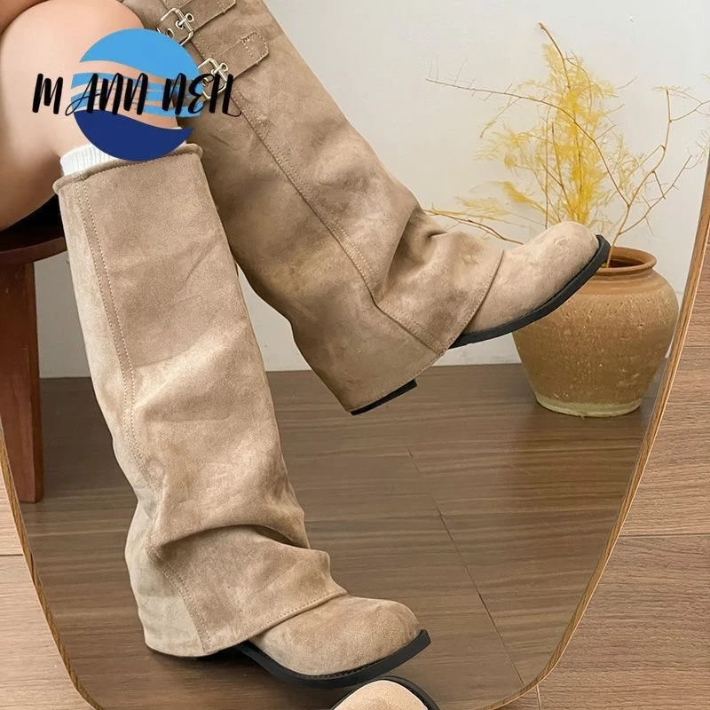 Y2K Korean Style Retro Knee‑high Boots Women Belt Buckle Decor Round Toe Solid Color Autumn Winter Casual Party Fashion Shoes - view 5