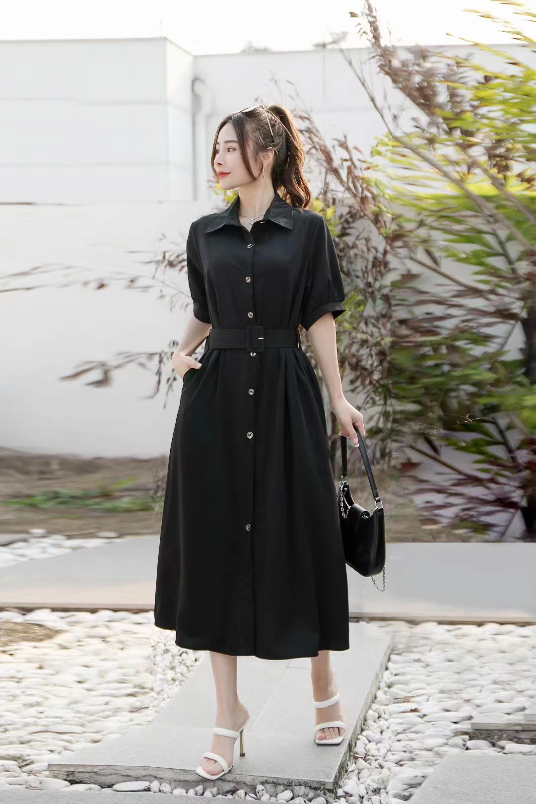Summer Women Turn-down Collar Short Sleeve Belt Slim Long Dress Korean Fashion Big Hem Solid Color Single-breasted Office Dress image 3