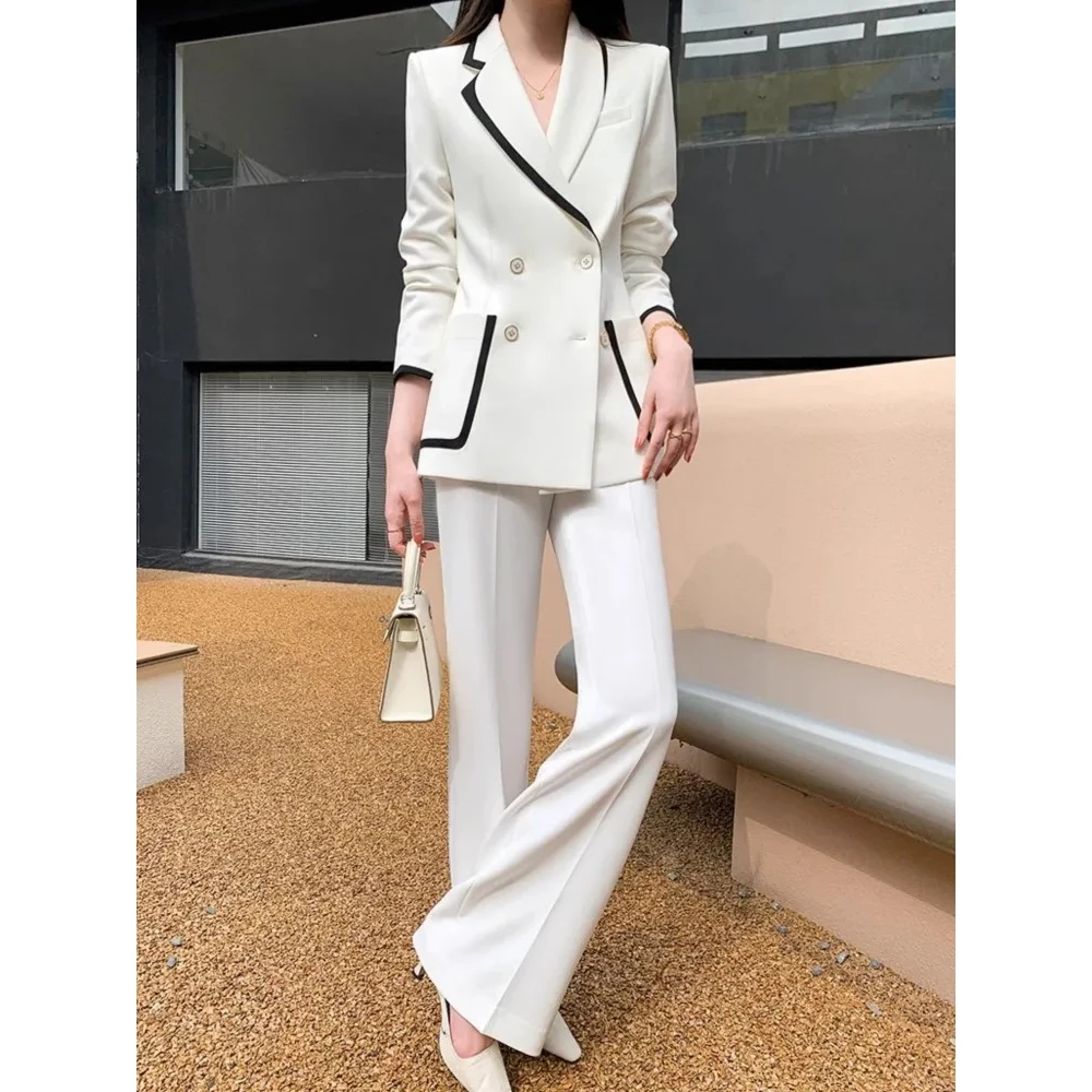 

Design Black Lines White Elegant Women's Suits 2024 Pantsuit Casual Vintage Blazer Straight Pants 2PCS Set Female Formal Outfits