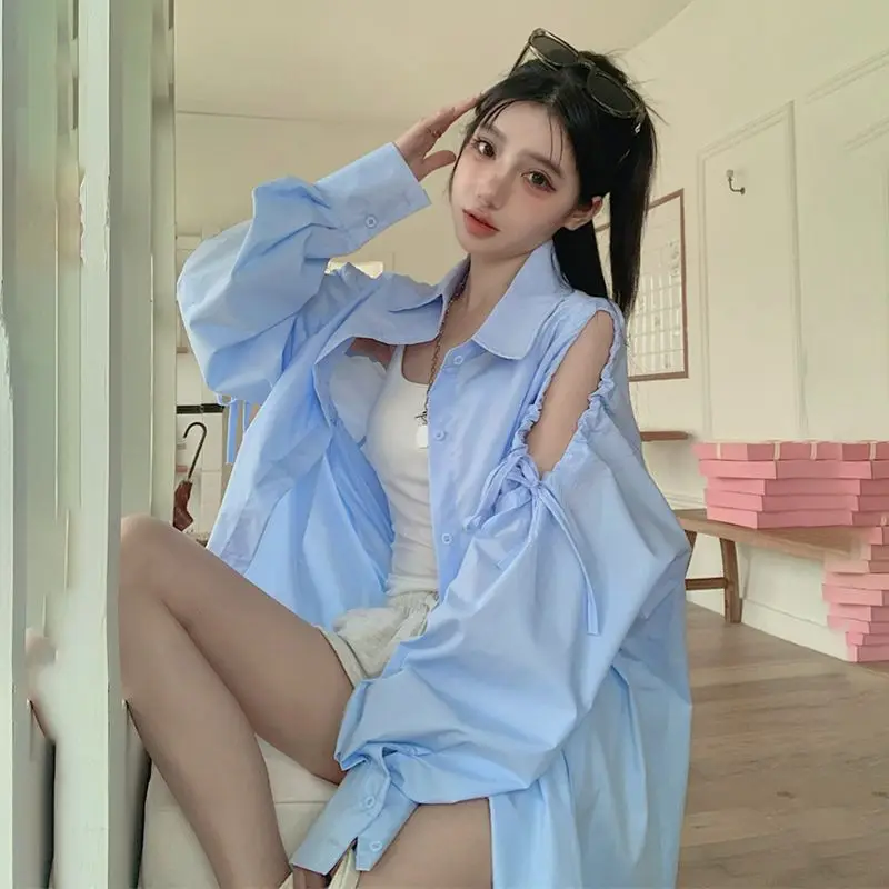 

Fashion Lapel Shirring Bandage Off Shoulder Polo Shirts Female Clothing 2025 Summer New Loose Casual Tops Young Style Tee Shirt