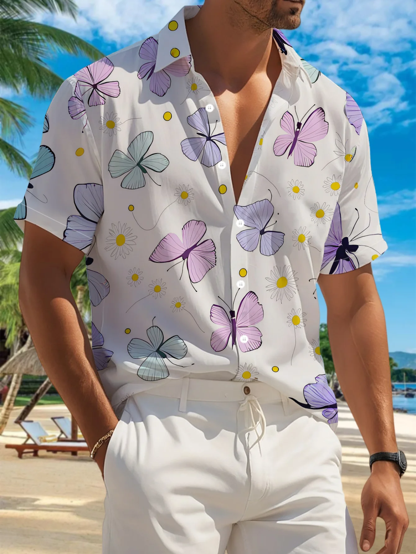 Men's Shirt Pastel Butterfly Daisy Floral Full Print Short Sleeve Lapel Shirts Casual Summer Beach Holiday Tops Men Clothing