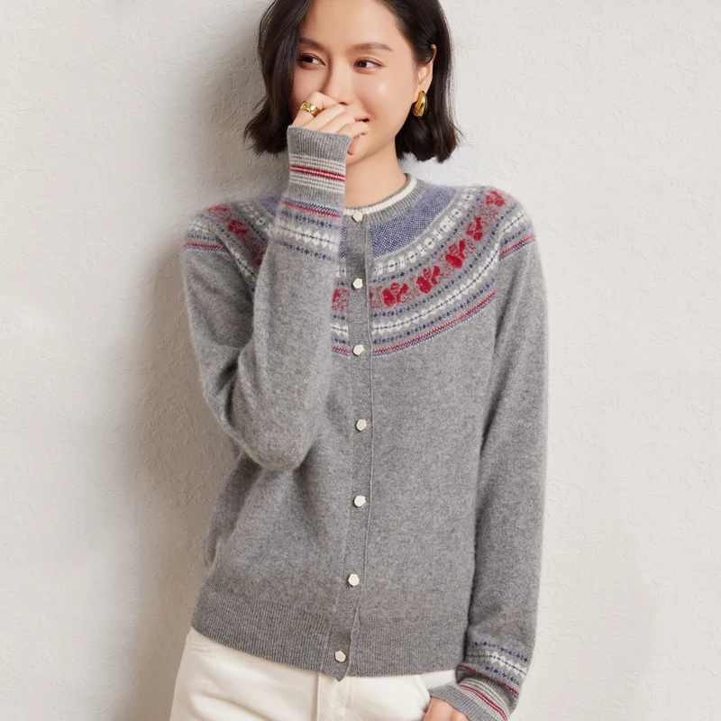 30% 캐시미어 및 70% 울 여성용 오 넥 카디건 빈티지 대비 컬러 스웨터 니트웨어 가을 겨울 두꺼운 자카드상의