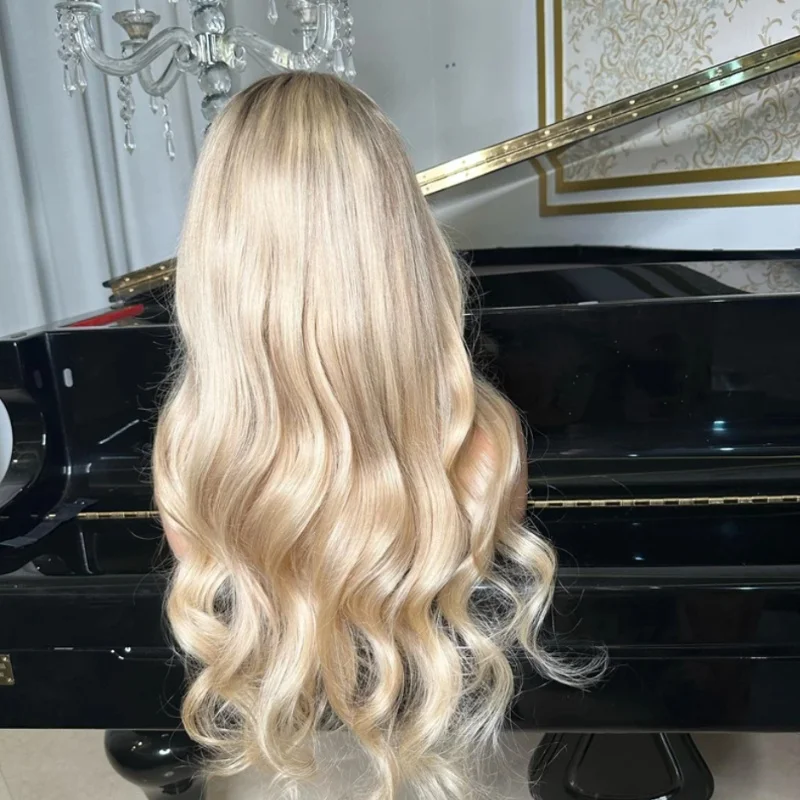 Synthetic Lace Front Wig Ash Root Light Blonde Wig High Quality For Women Long Soft Lace wig 24Inch Synthetic Heat Resistant Wig