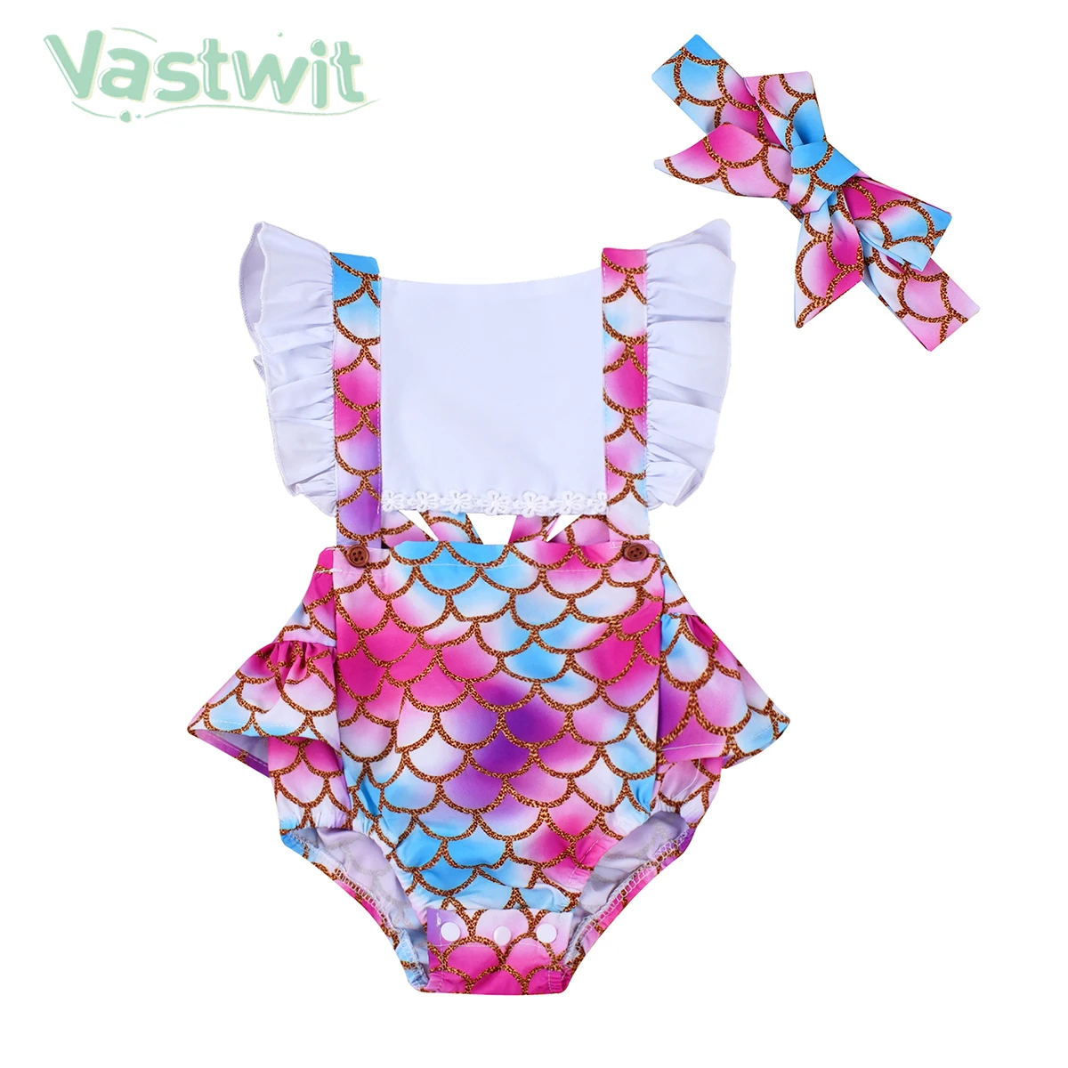 New Baby Girls Summer Costume Hollow Romper Fish Scales Print Ruffle Backless Bodysuit with Headband Sleeveless Lace-up Jumpsuit