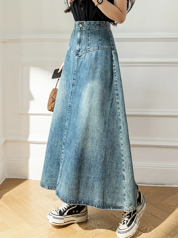 Vintage High Waist Long Denim Skirt Women Casual Fashion Jeans Skirt Zipper Maxi Denim Skirts Autumn Winter 2024 New Blue Skirts