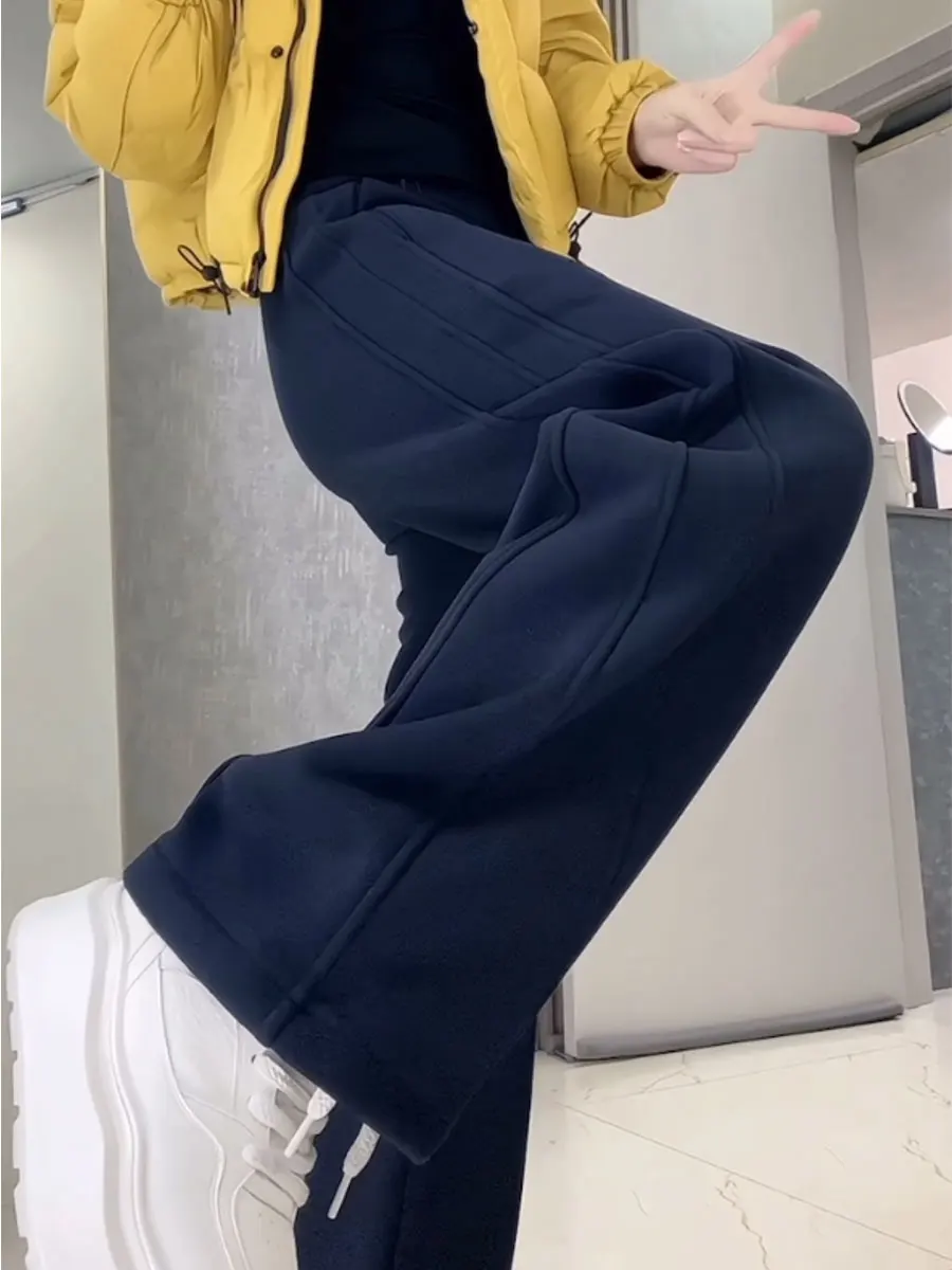 

Winter Fce Lined Wide Leg Straight Cut Pants High Waist Splice Casual Faion plus Size Women's Long 0cm Cotton Trousers