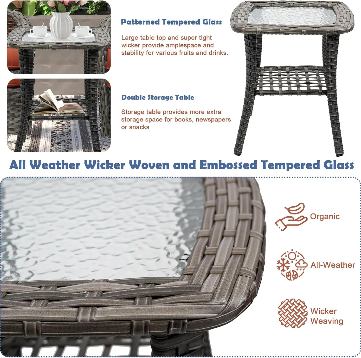 طقم هزاز دوار مكون من 3 قطع مع وسائد، خارجي 360 درجة °   كراسي هزازة وطاولة زجاجية، حديقة بيسترو