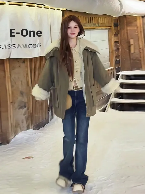 

Зимнее утепленное пальто с воротником из овечьей шерсти, комбинированное из кожи и меха, повседневное, теплое, хлопковое, в стиле милитари, с цветными вставками, на молнии