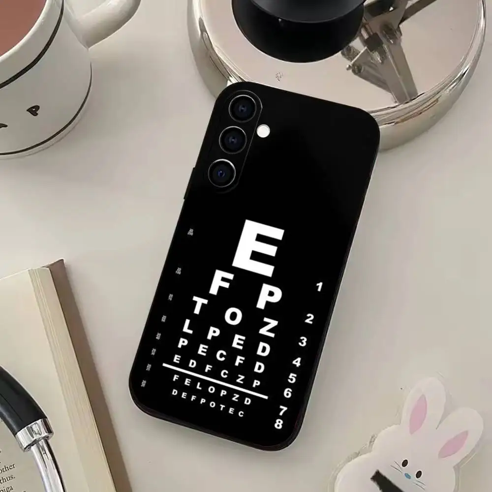 Etui na telefon z motywem tablicy optycznej do Samsung Galaxy A73, A72, A71, A70, A53, A52, A51 i innych, miękkie, czarne.