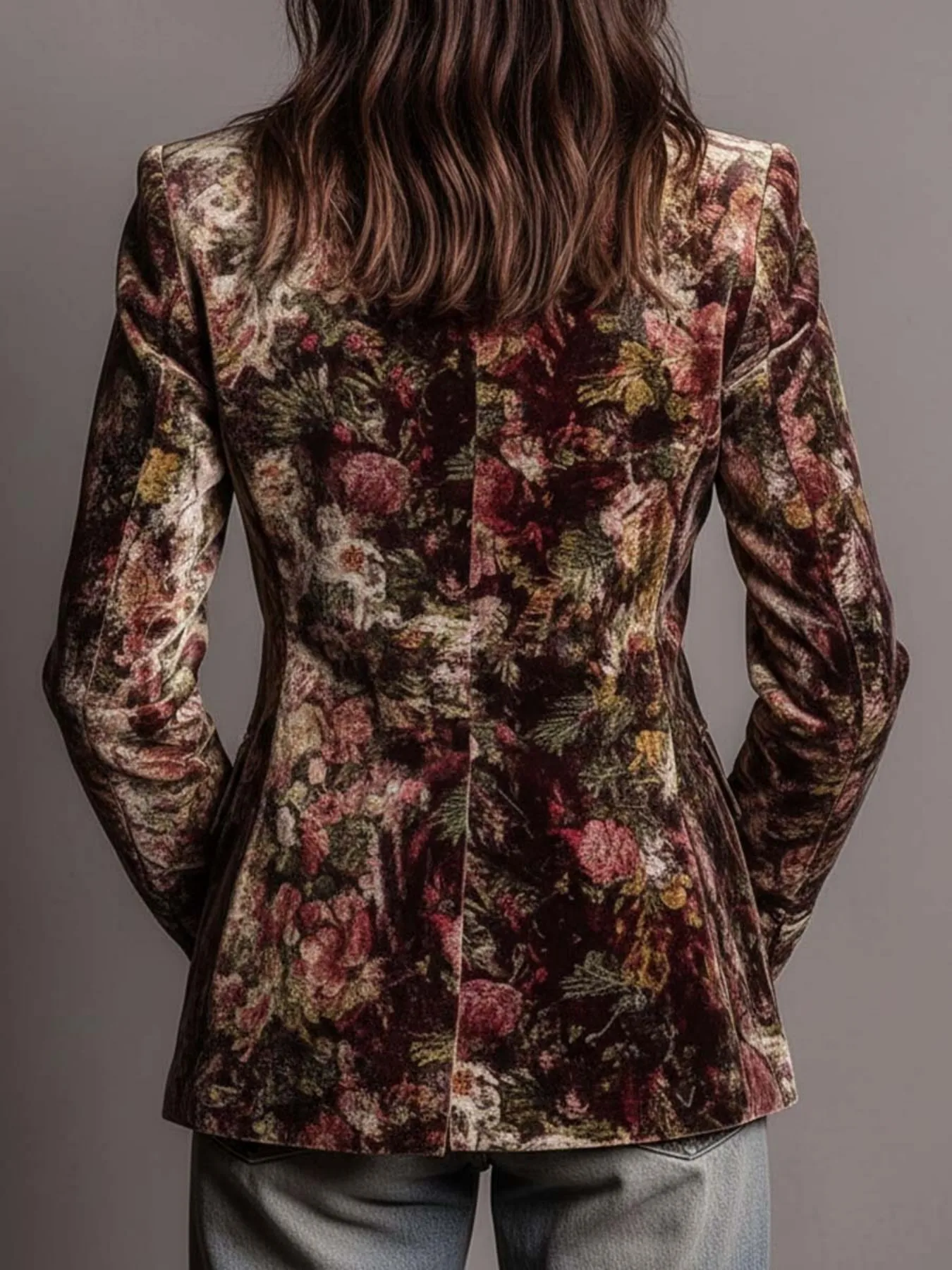 Vintage Oil Painting-Style Printed Blazer | Color-Blocked, Notched-Collar, Waist-Cinched, Fitted Cropped Floral Suit | American