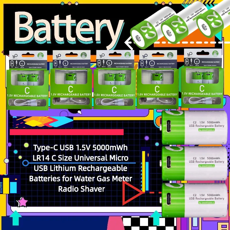 

Type-C USB 1.5V 5000mWh LR14 C Size Universal Micro USB Lithium Rechargeable Batteries for Water Gas Meter Radio Shaver