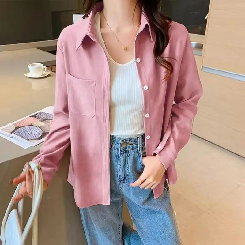 

Autumn Winter Turn-down Collar Women Shirts Solid Color Leisure Fashion Single-breasted Pockets Blouse Female Clothing