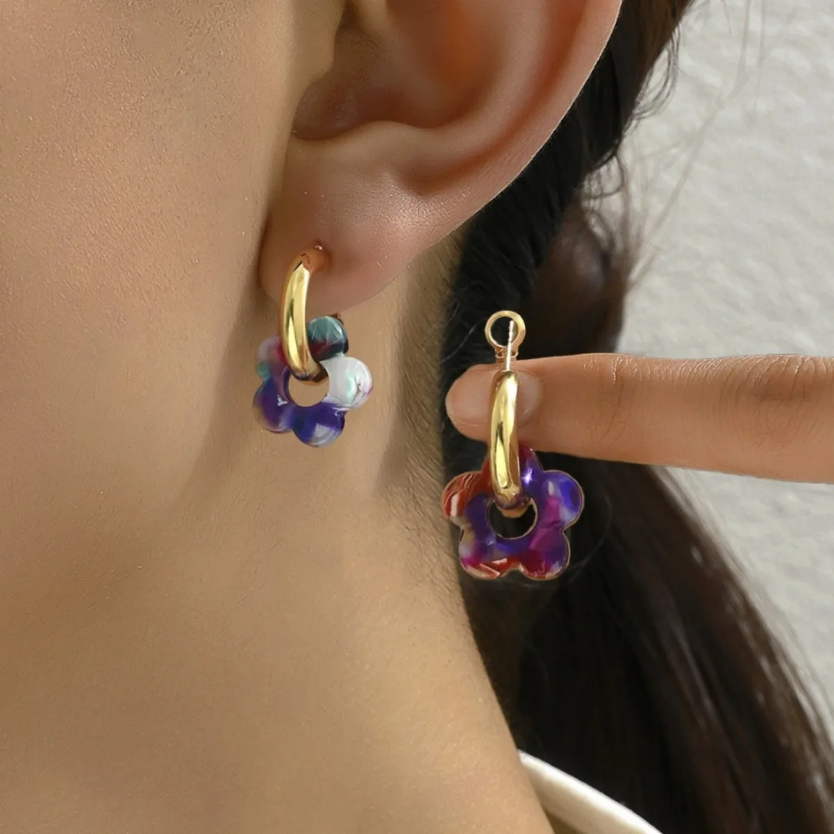 الاتحاد الأوروبي/الولايات المتحدة تصميم الأزياء المتخصصة الملونة الاكريليك خمس بتلات زهرة قلادة القرط مجموعة - أنيقة تنوعا المعادن المرأة القرط هدية #2