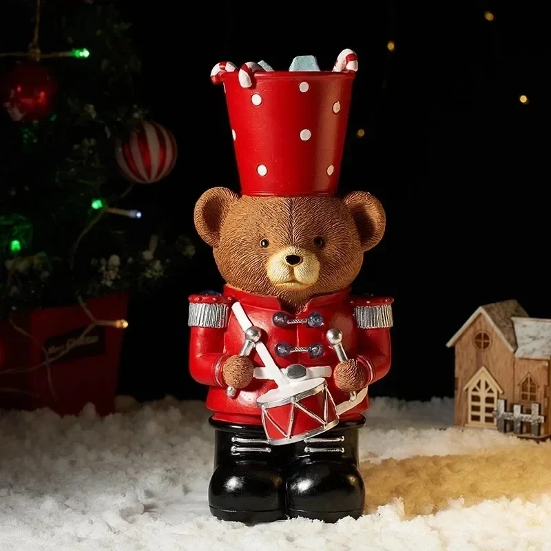 Lightening Resin Brown Bear Drummer Figurine 2024 Navidad Christmas Decoration European Soldier Xmas Doll Statues New Year Gifts