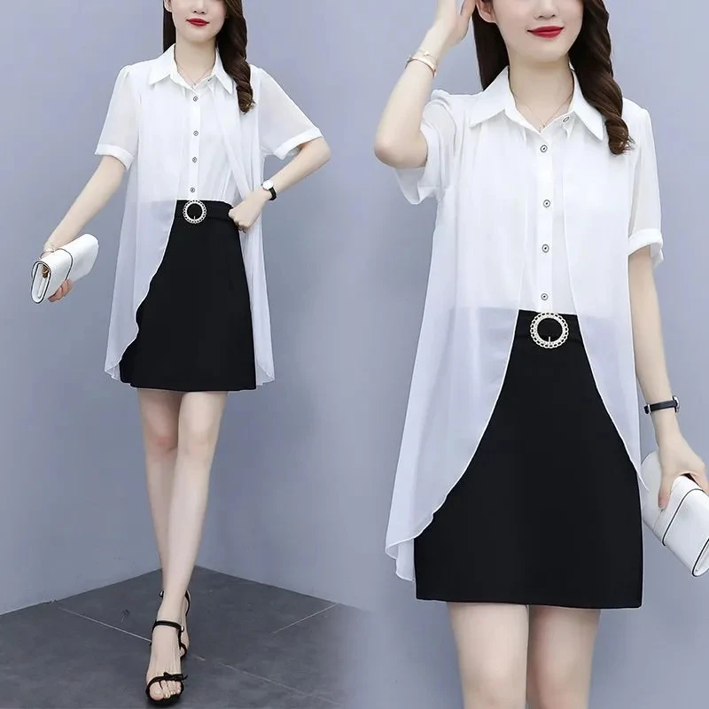 Summer New Loose Fake Two-piece Elegant Dress Ladies Chiffon Stripe Stitching Slim Slimming Casual Skirt Female Tide.