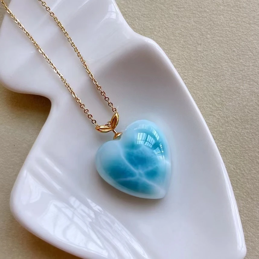 

Natural Blue Larimar Oval Bead Pendant Women Men 20*19mm Water Pattern 18K Gold Crystal Love Necklace From Dominia AAAAAAA