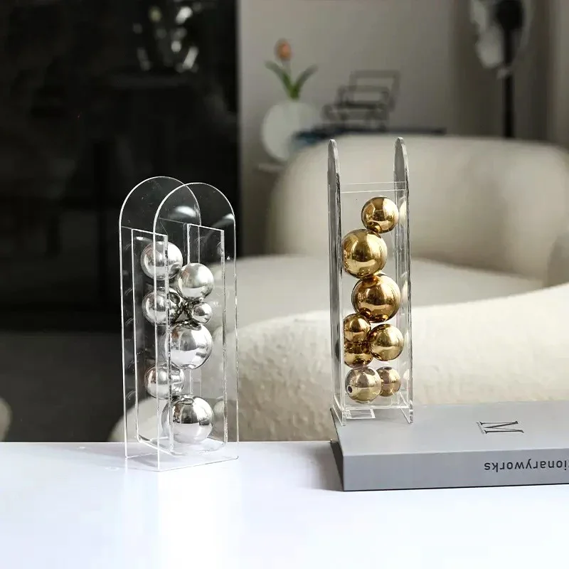 Abstract Art Metal Ball Square Transparent Box Acrylic Model Container Ornament Desk Decoration Ornaments Sphericity Crafts
