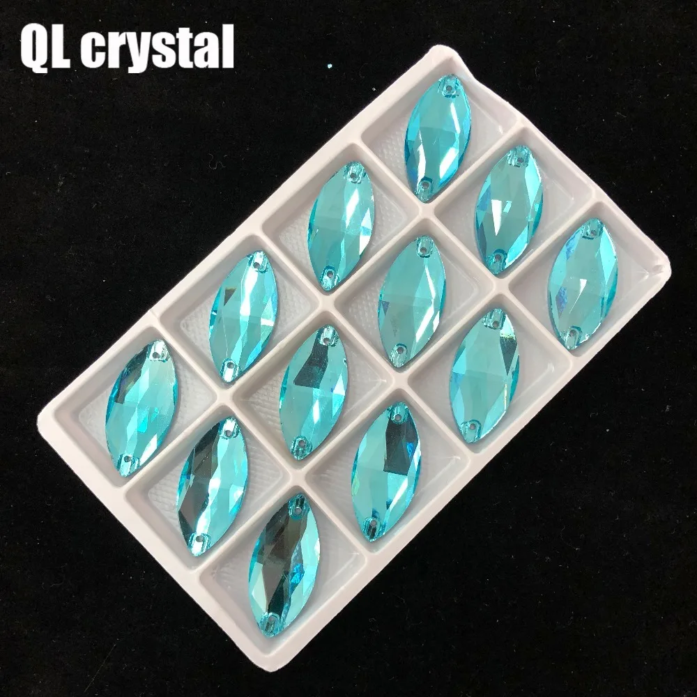 ALL Size Lake Blue Navette Sew on Crystal Rhinestones Flatback Marquise Sew on stone for Making wedding DIY  bags shose