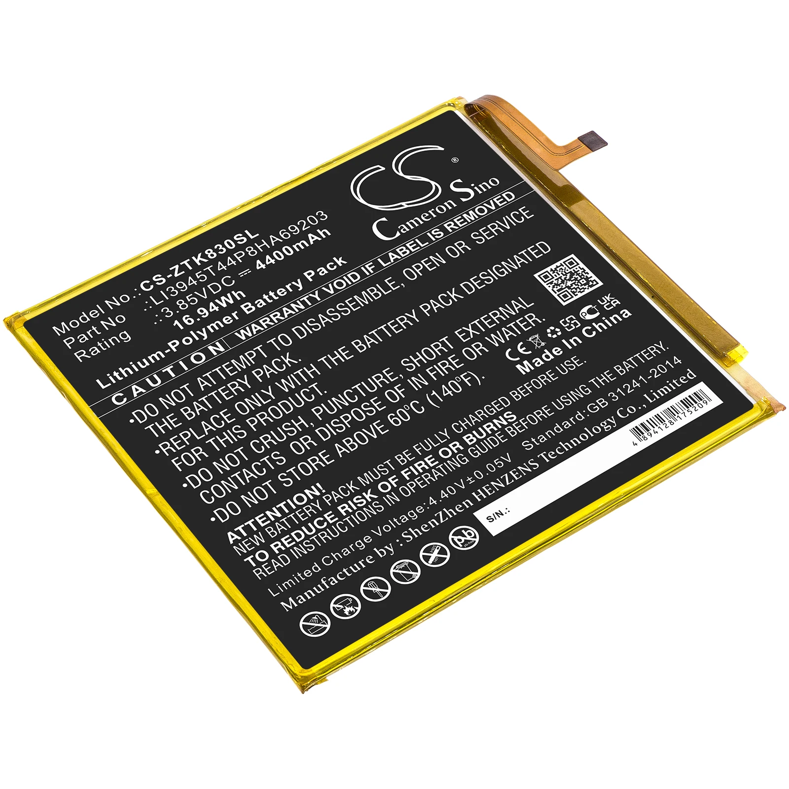 

Li-Polymer Tablet Battery for ZTE, 3.85V, 4400mAh , Compatible Models: Grand X View 2, K83, K83V, Zpad 8
