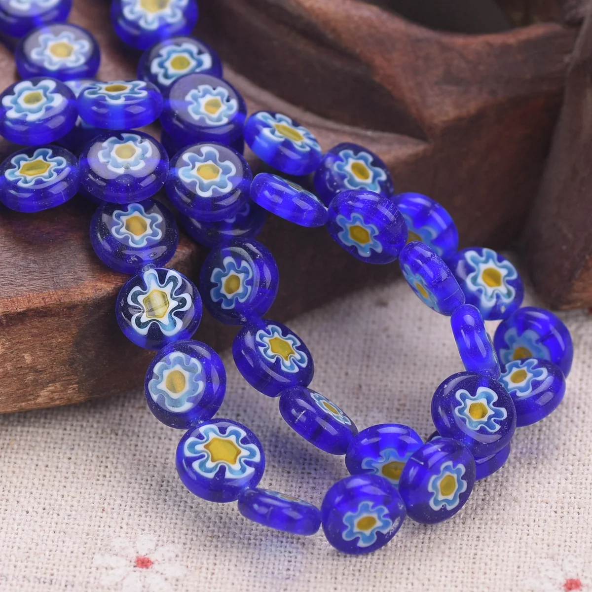 

35pcs(1 Strand) Flat Round 10mm Blue Flower Handmade Millefiori Glass Loose Beads Lot For Jewelry Making DIY Craft Findings