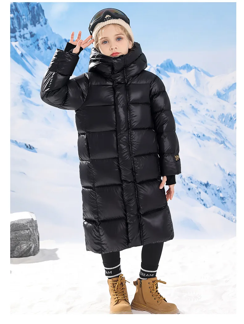 New Children's Long Black Gold Padded Down Jacket Over the knee Warm Padded Jacket for Boys and Girls in Winter