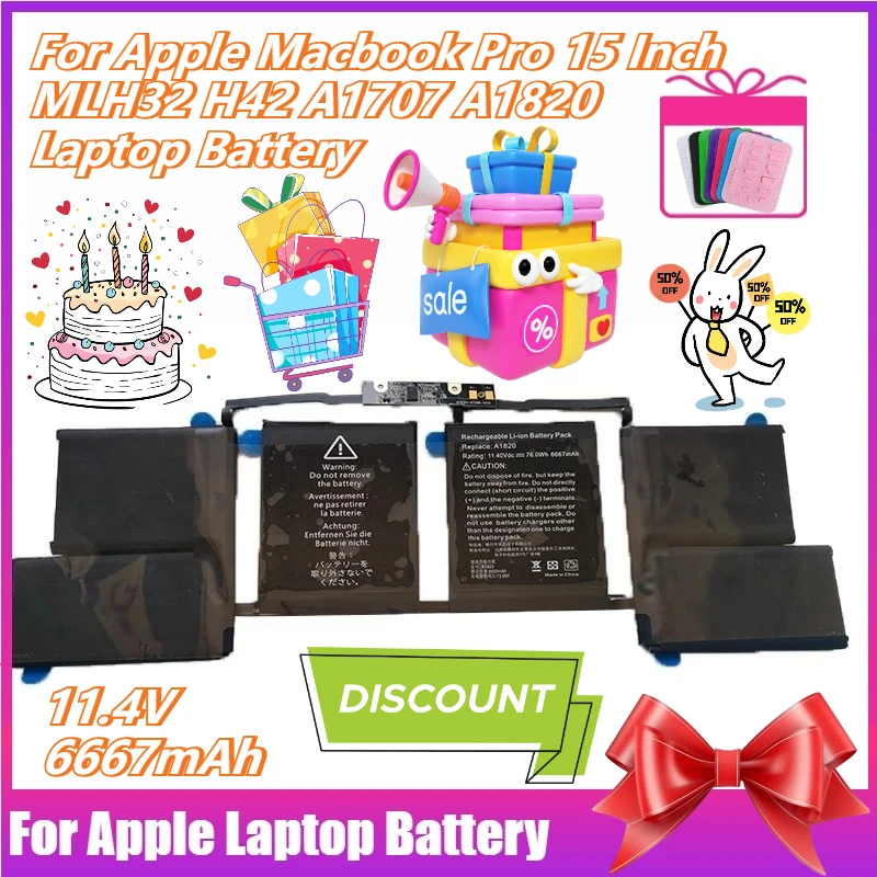 

11.4V 6667mAh for Apple Macbook Pro 15 Inch MLH32 H42 A1707 A1820 Laptop Battery