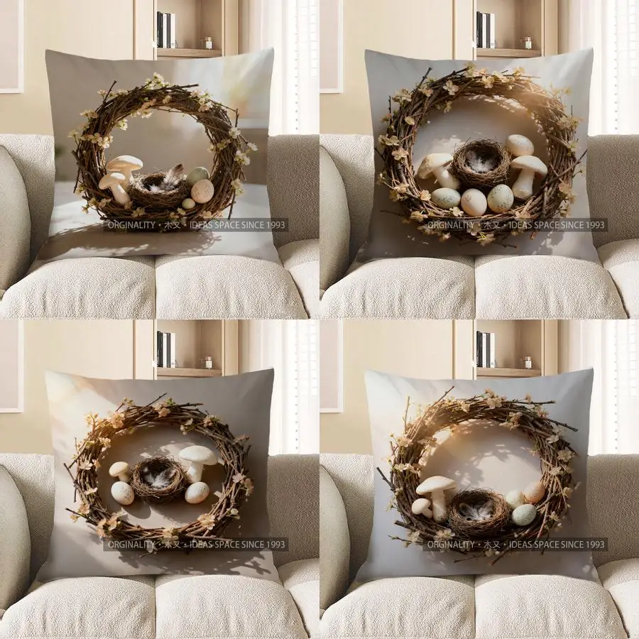 

2D венок, гнездо, яйца, грибы, весенний декор, наволочка с узором, подходит для дивана, спальни, автомобиля, наволочка