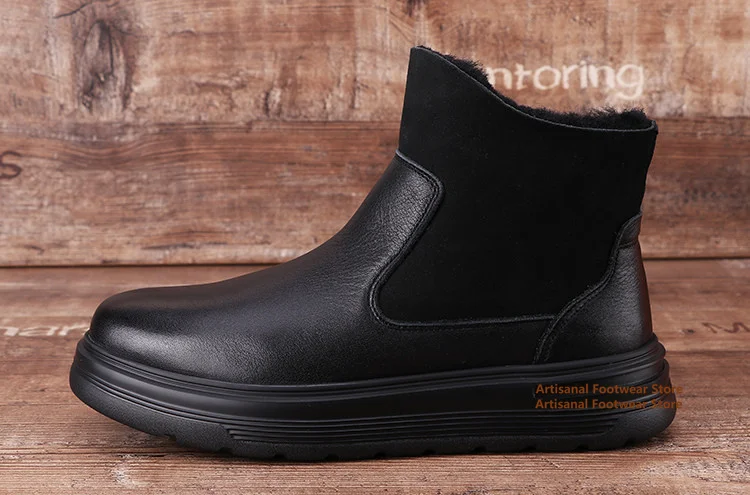 Men's Black Leather Winter Ankle Boots Fleece Lined Warm Slip On Thick Platform Sole Cold Weather Casual Chelsea Booties