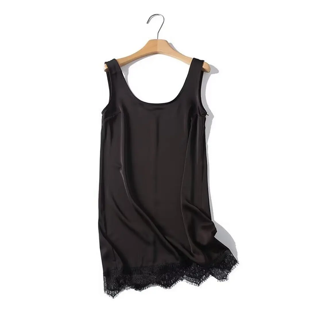 

Maxdutti Summer Minimalist Coffee Elegant Satin Dress Lace Patchwork sleeveless Women's Casual Dresses For Women Female Clothing