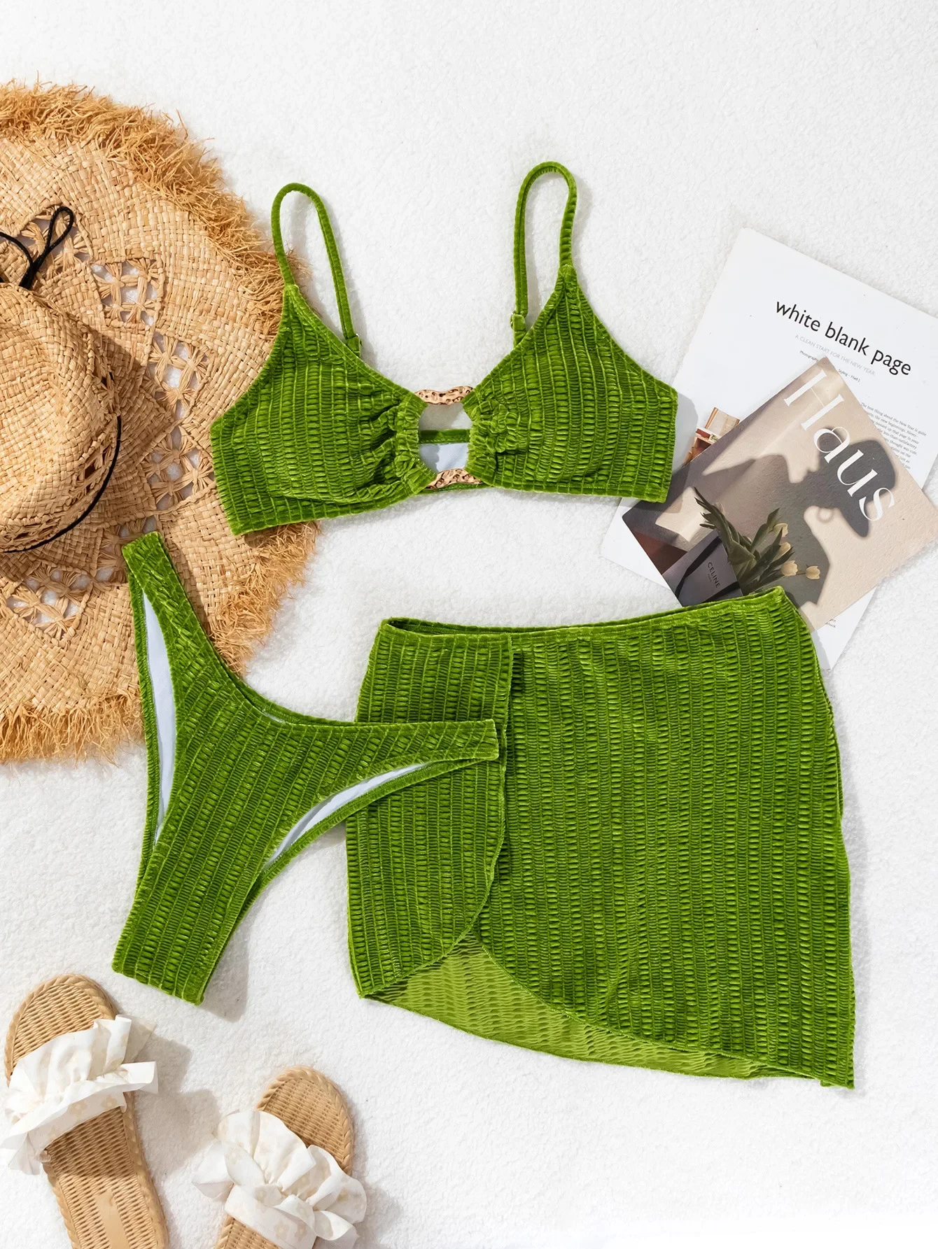 sexy green velvet metal bikinis sets 3pcs with irregular spilit mini skirt swimsuit bathing suit beach outfits biquini tankini