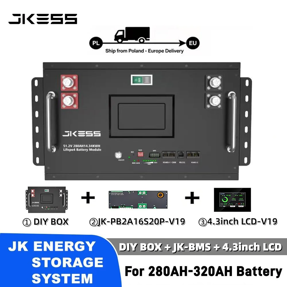 Stock UE Entrepôt Pologne Boîtier de batterie LiFePO4 DIY 15KWH avec JKBMS PB2A16S20P et écran 4.3 pouces, compatible avec batteries 280-320AH pour stockage d'énergie solaire