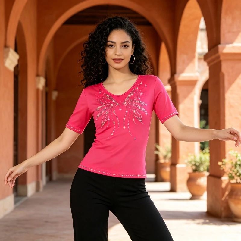 

Butterfly Rhinestone Short Sleeved Dance Dress for Women, National Standard Latin Gitaba Square Performance Practice Top