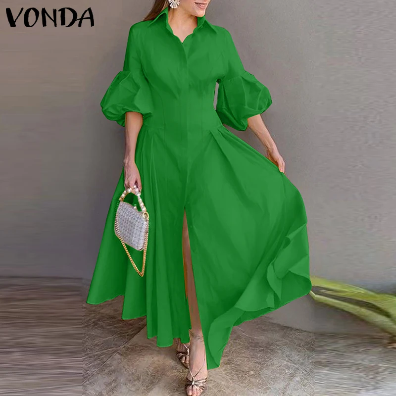 

Платье макси VONDA для полных женщин, размер 5XL, элегантное, для вечеринок, летняя мода 2026, с рукавами-фонариками, на пуговицах, свободного кроя, повседневное платье-сарафан
