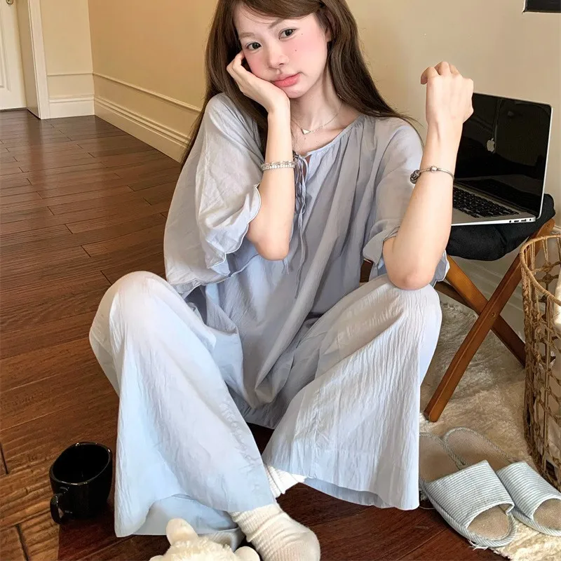 2026 Summer New Round Neck Lace-up Soft Loungewear Casual Loose Girl