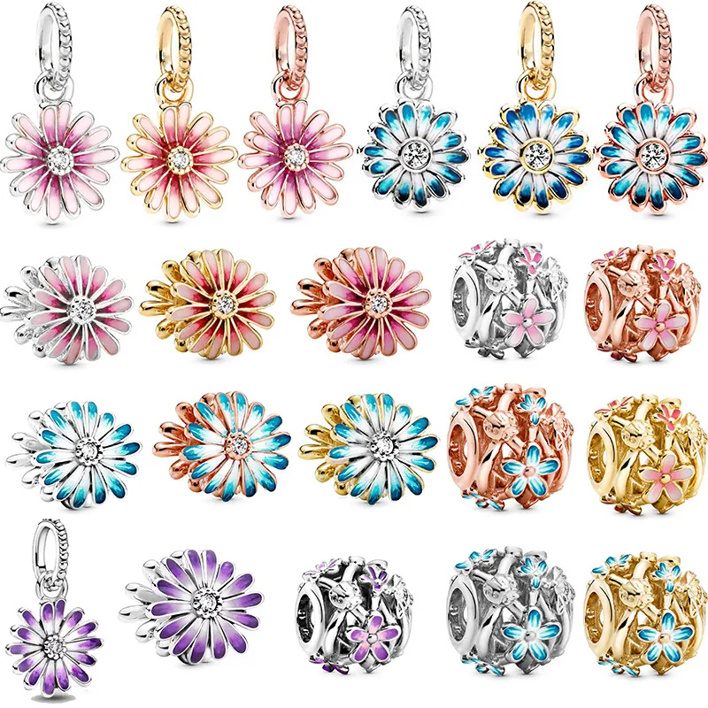 

925 Silver Plated Hollowing Out Pink Charm Beads Daisy Pendant For Pandora Bracelets Necklaces Keychain DIY Women Jewelry Gifts