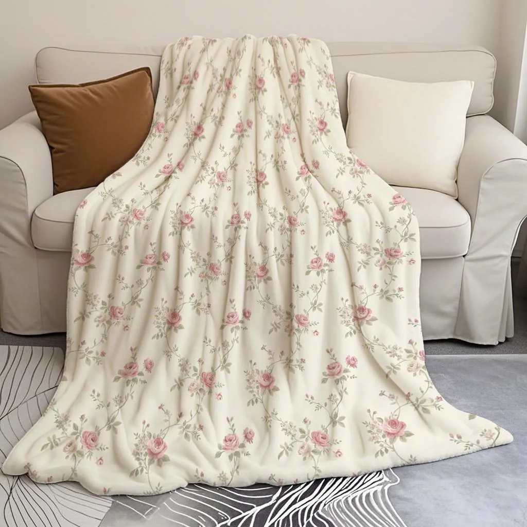 [Blank] 1pc Luxurious Vintage Rose Scattered Floral Art Pattern Printed Flannel Blanket, Modern Style, Hypoallergenic, All-Seaso