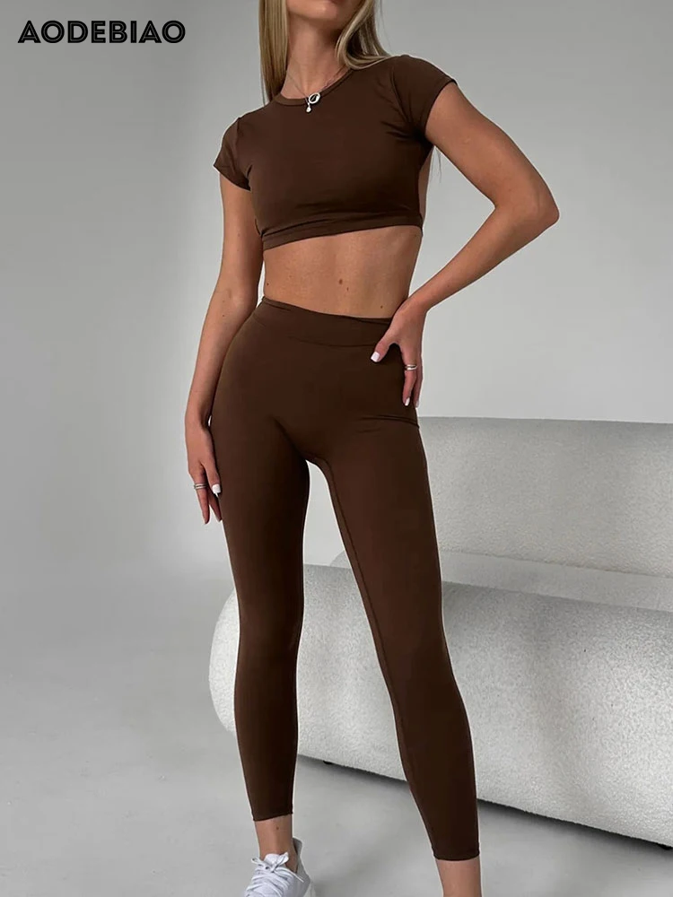 AODEBIAO الرياضة اللياقة البدنية 2 قطعة مجموعة المرأة الصيف مثير عارية الذراعين تي شيرت سليم بنطلون قصيرة الأكمام تيز المحاصيل السراويل اليوغا مجموعة #5