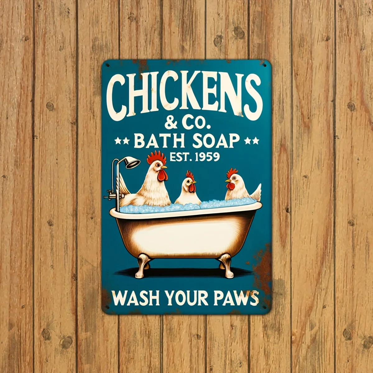 Placa Metálica 2D Flat Vintage Diseño Pollo Granja, Arte Mural Grabado Impermeable, Decoración Rústica Colgante para Baño y Hoga