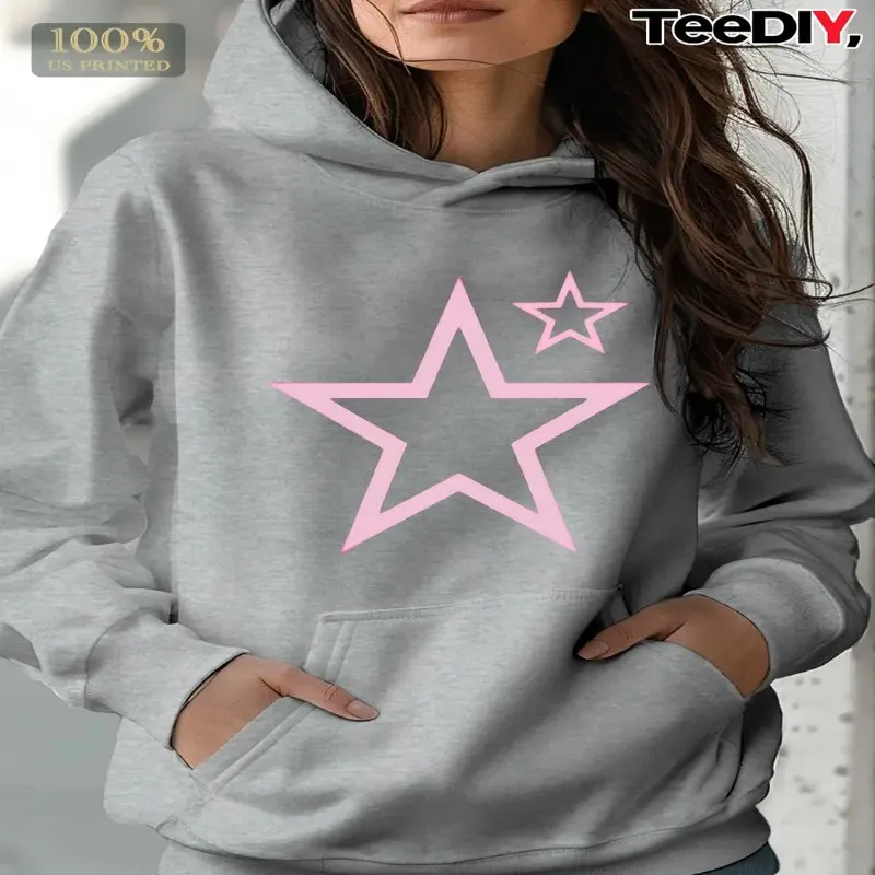 

Зима-Осень, женский свитшот больших размеров, светящийся два розовых звездных узоров, круглый вырез, модный элегантный уличный стиль, прилипающий