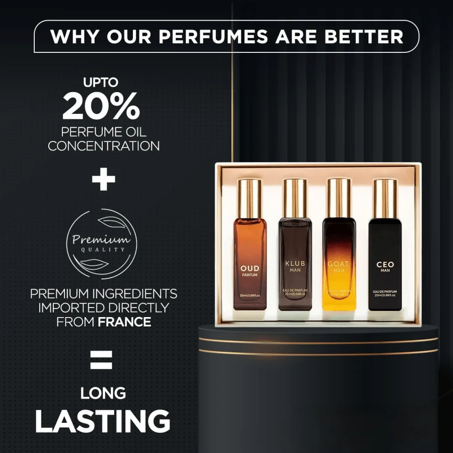 Bellavita Luxury Long-lasting Men's Fragrance Gift Set | 4 Bottles, 0.7 Oz Each | a Perfect Gift for Men | Woody, Citrus, Oud, Premium Fragrance Essence | Exclusive Brands: KLUB, OUD, CEO, G.O.A.T | Ideal Gift for Christmas and Valentine's Day