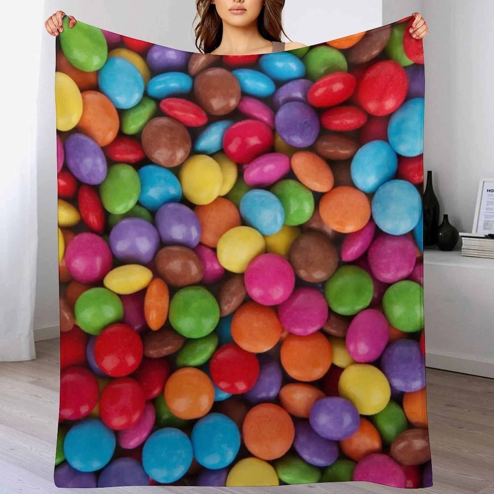 Colorful Candy Texture M&Ms Skittles Rainbow Small Round Bite Candies Throw Blanket Luxury Throw Blankets