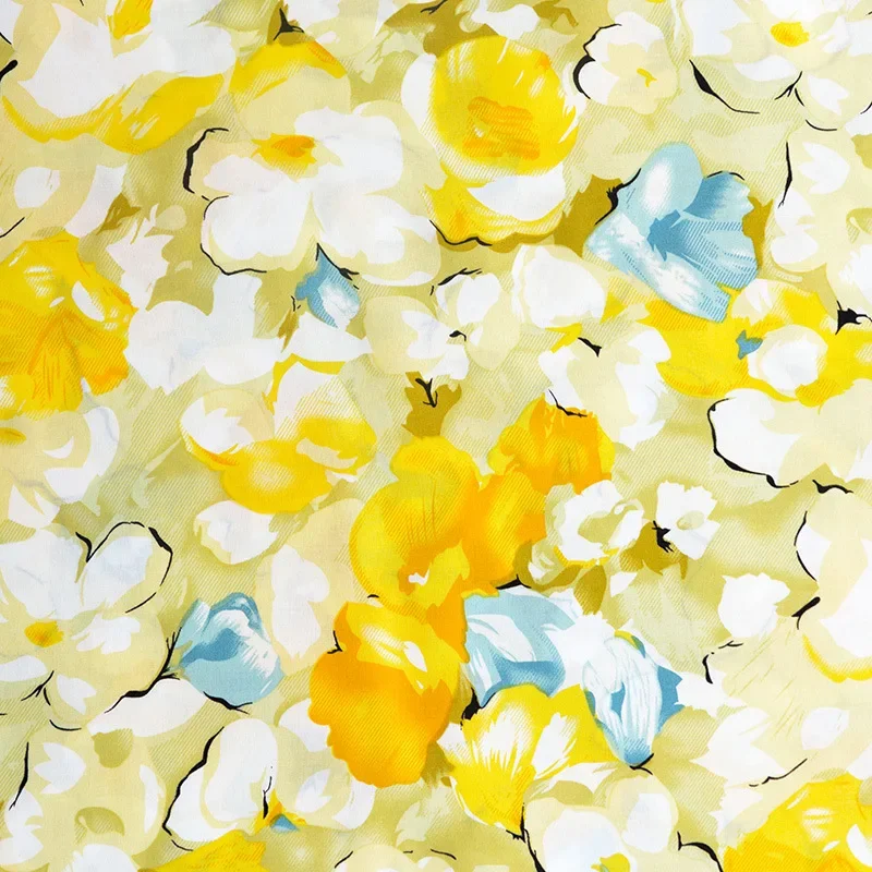 ผ้าเรยอนสีเหลืองลายดอกไม้ผ้าเรยอนนุ่มวัสดุวิสคอสสำหรับชุดเดรสเสื้อเชิ้ตฤดูใบไม้ผลิฤดูร้อนชุดนอนเครื่องนอนเย็บผ้าฝ้ายแบบทำมือ
