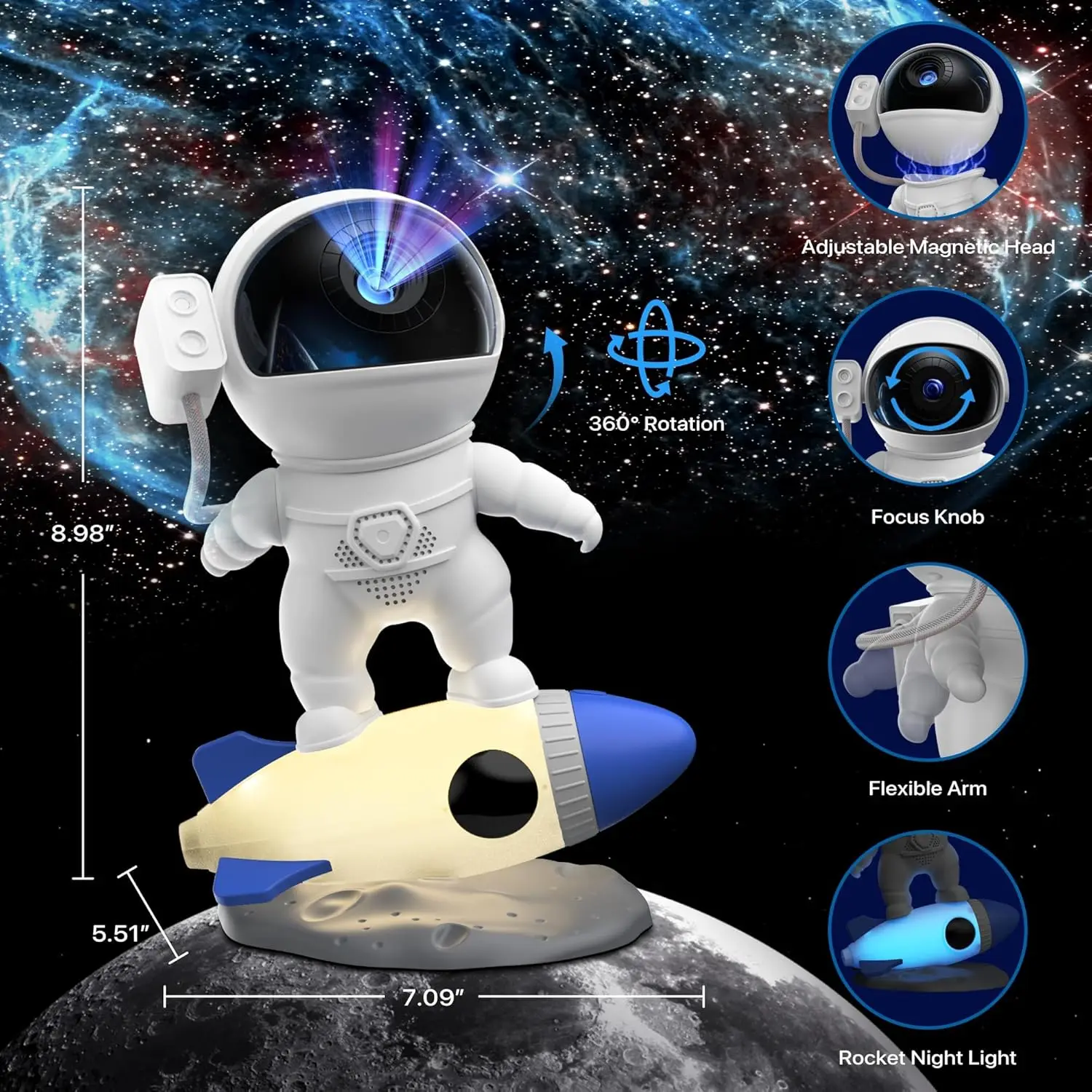 Imagem -03 - Foguete Astronauta Projetor Planetário Night Light Sky Projetor Rotação 360 ° Galaxy Lamp For Bedroom Decoration Kids Gift