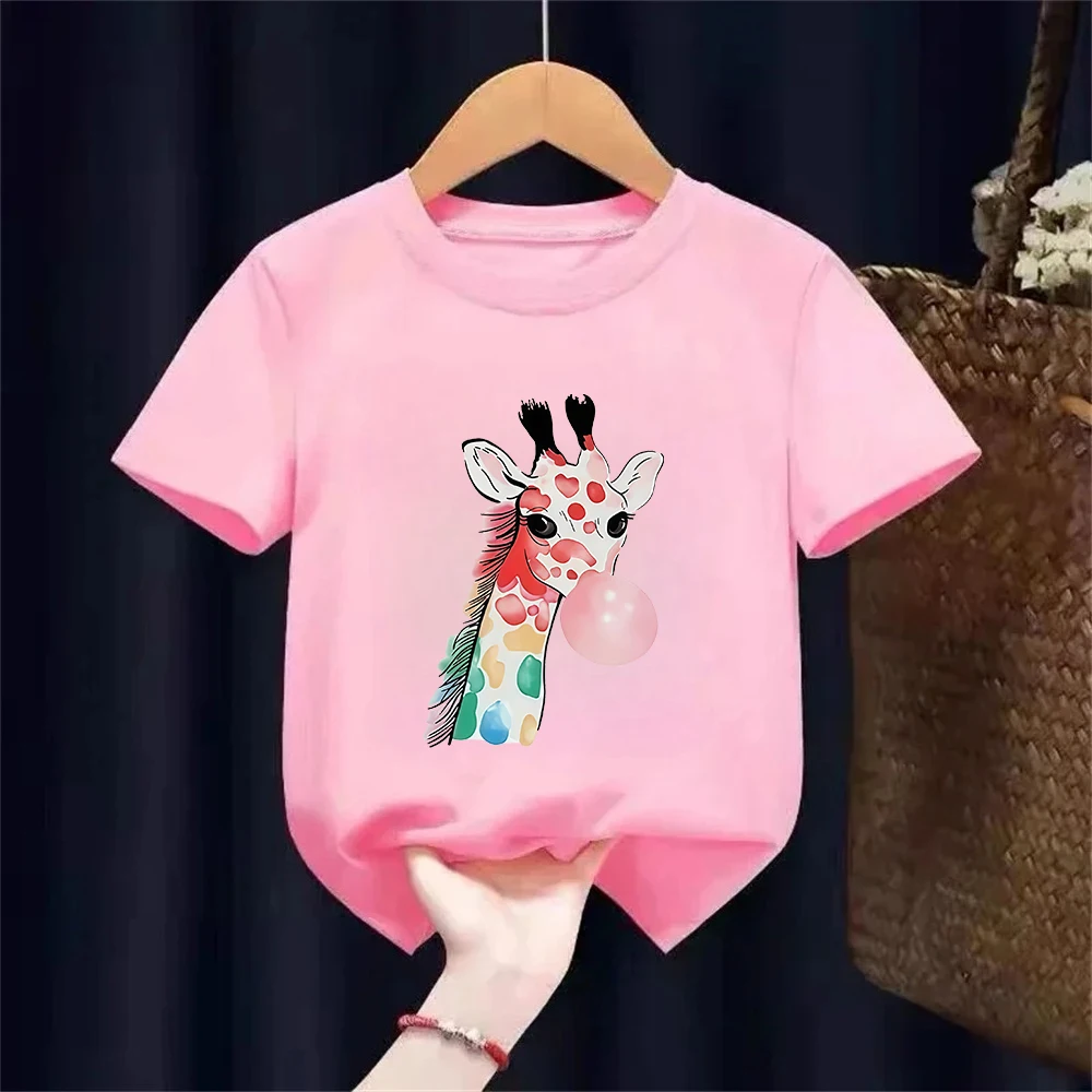 Y2k Giraffe with Gum Printed Short Sleeve T Shirts Animal Kids Children's T-shirt Boys Girls Summer Spring Casual Top Tee Shirt